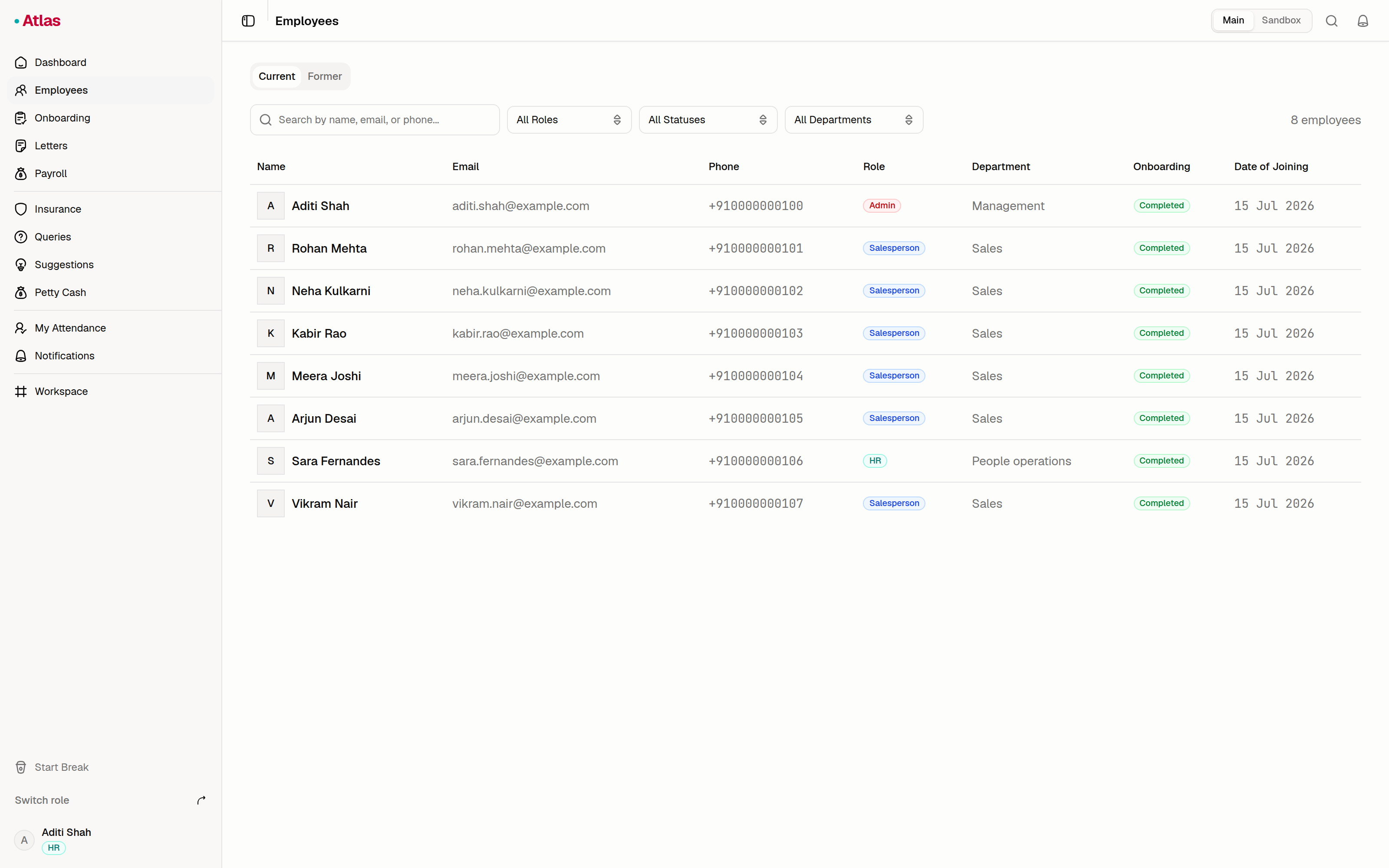 Atlas employee directory with roles, departments and onboarding status, using sample data