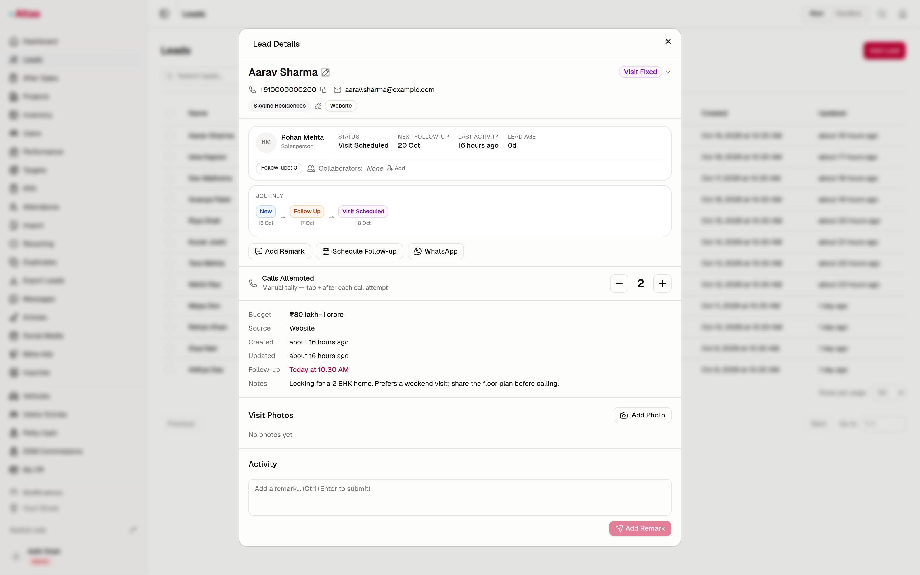 Atlas lead details with owner, status journey, call count and notes, using sample data