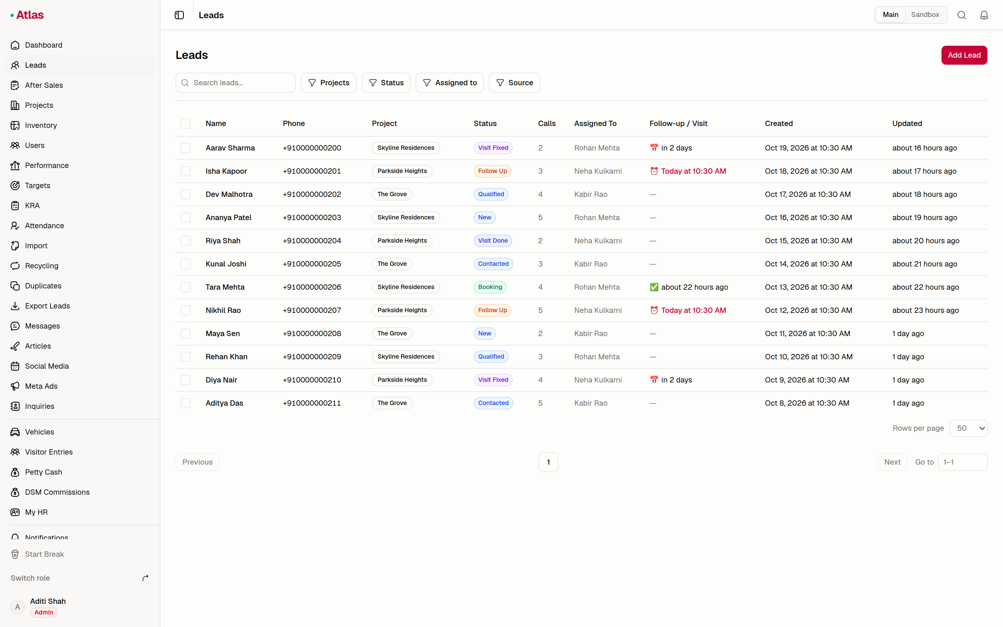 Atlas lead list with assigned owners, projects, stages and next follow-up dates, using sample data