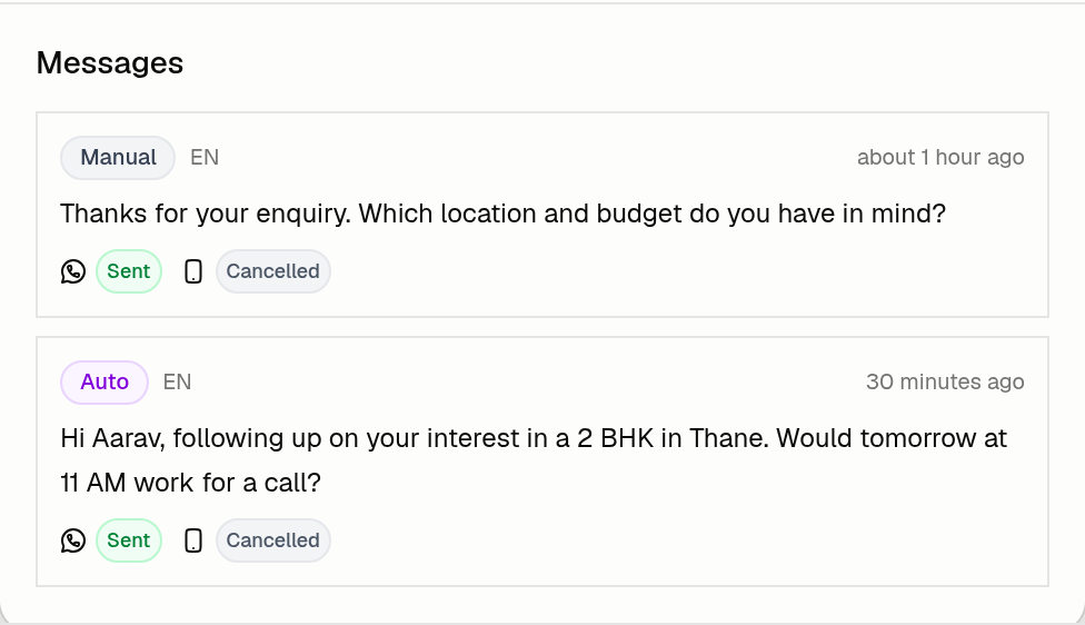 Opened message history for Aarav Sharma in Atlas, showing the full enquiry and automated follow-up with delivery status, using sample data